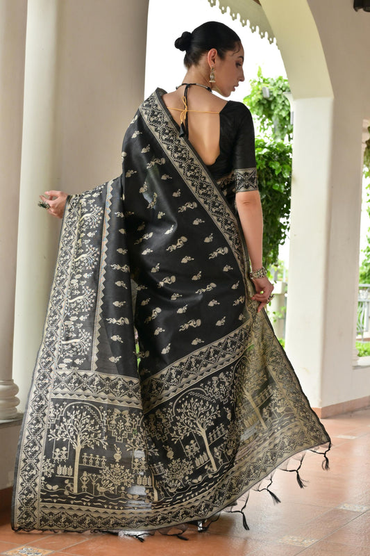 Black Cotton Silk Saree Traditional Woven Design and Rich Border