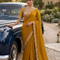 Mustard Yellow Georgette Saree Stone Embroidered Border Designer Blouse