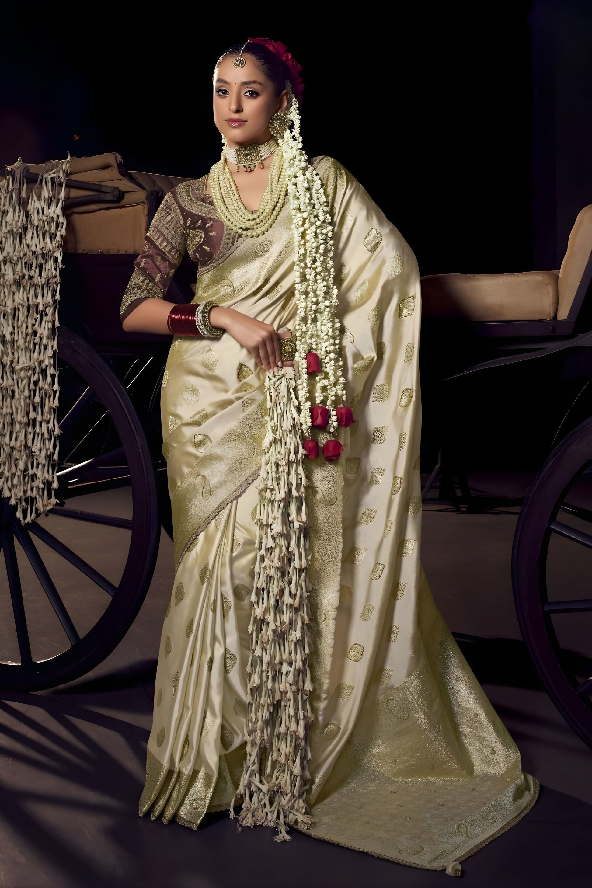  Off White Banarasi Silk Saree Rich Gold Zari Buti Weaving Traditional Border