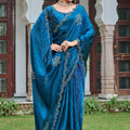 Teal Blue Silk Saree Embroidered Floral Border Designer Blouse