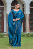 Teal Blue Silk Saree Embroidered Floral Border Designer Blouse