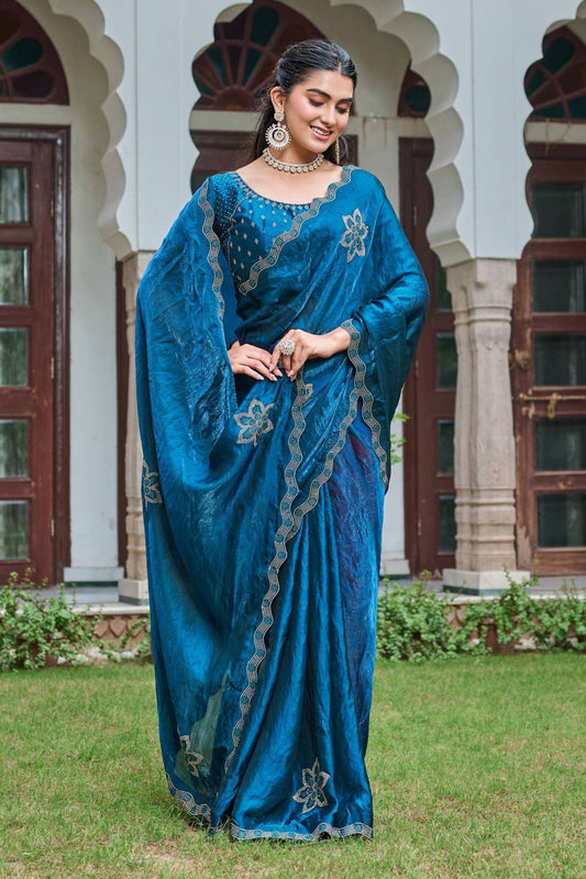 Teal Blue Silk Saree Embroidered Floral Border Designer Blouse