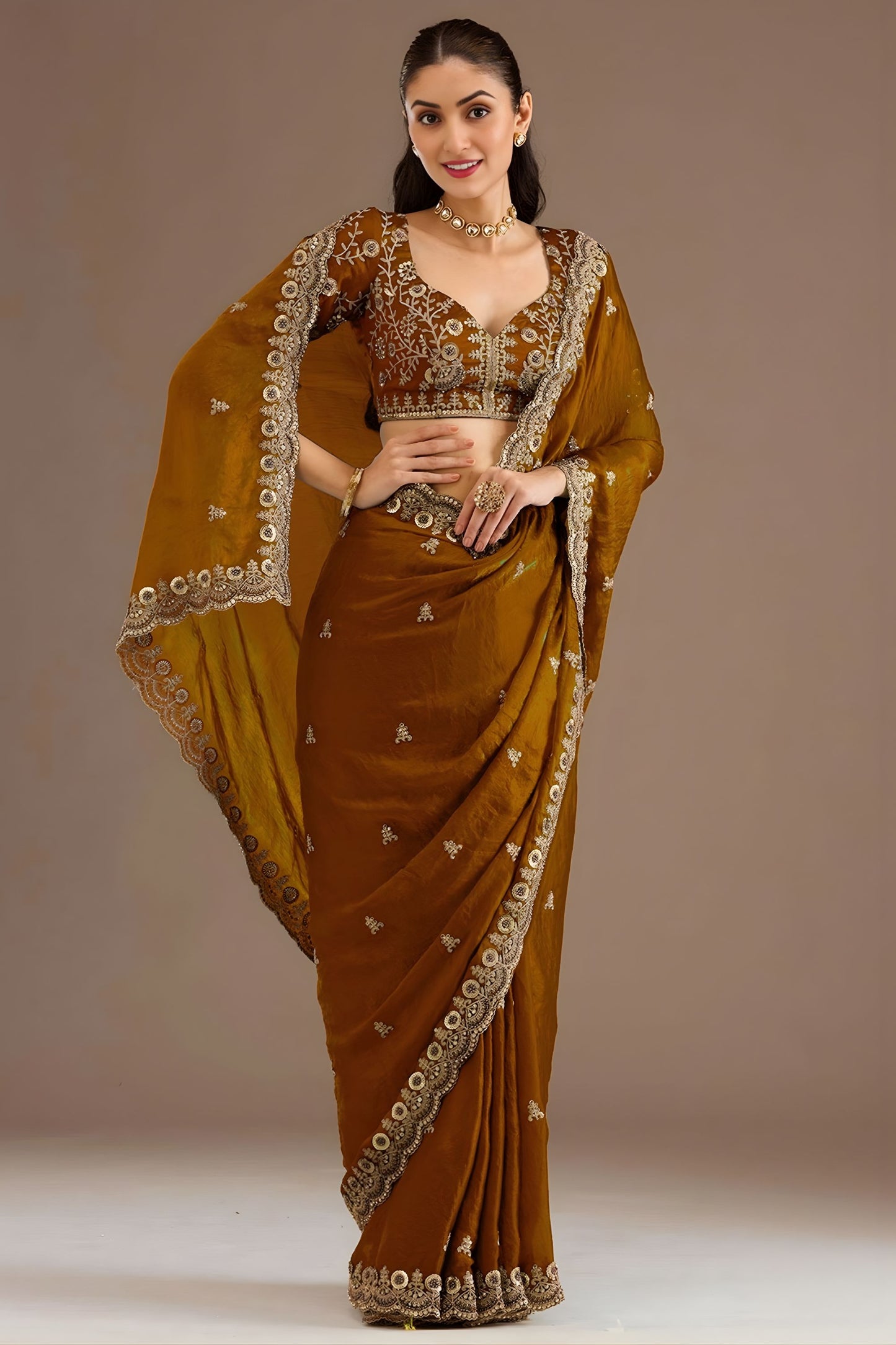  Brown Silk Saree with Heavy Embroidered Border Designer Blouse
