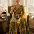 Olive Green Organza Saree Heavy Sequins Embroidery Designer Blouse