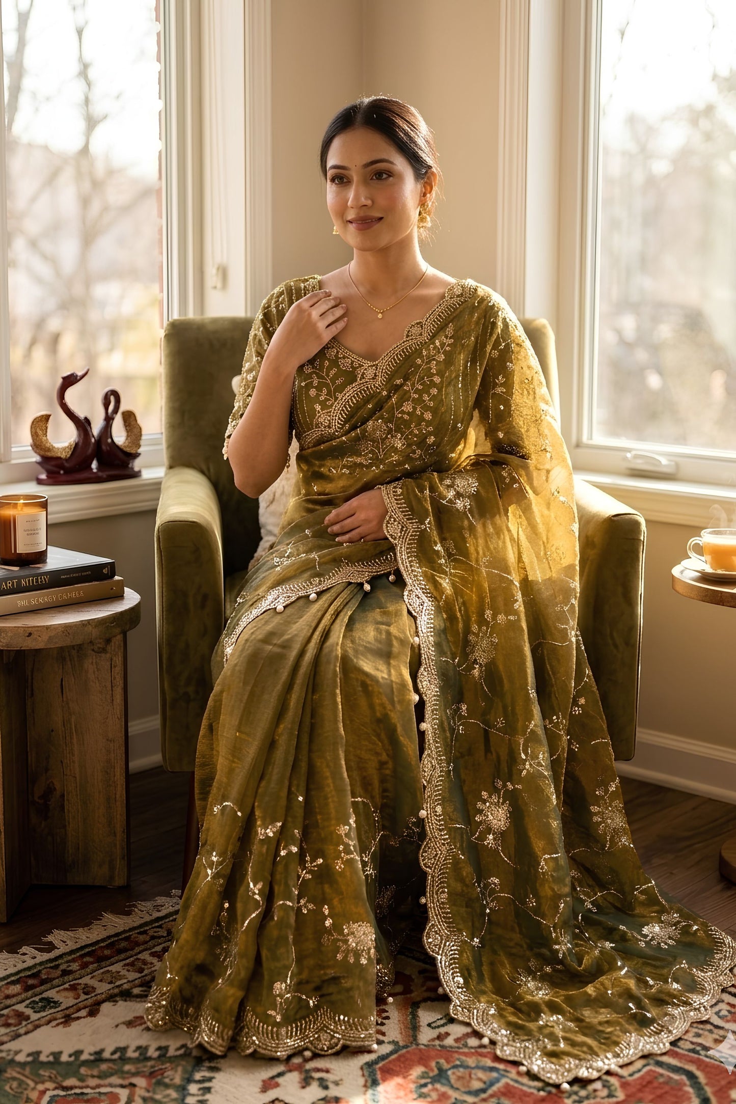 Olive Green Organza Saree Heavy Sequins Embroidery Designer Blouse