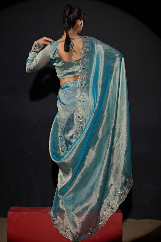 Sea Green Shimmer Silk Saree with Heavy Stone Zari Embroidered Border