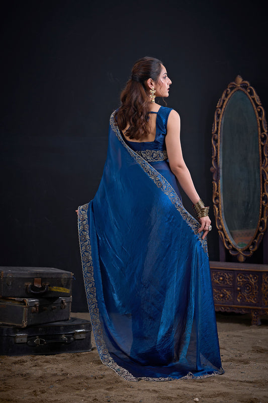 Royal Blue Silk Saree with Antique Gold Zari Border Party Wear Saree