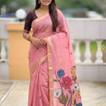 Pink Linen Silk Saree with Multicolor Floral Print Woven Border