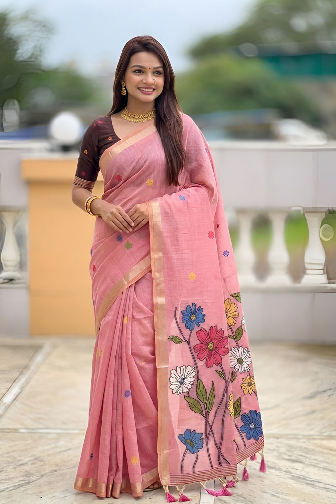 Pink Linen Silk Saree with Multicolor Floral Print Woven Border