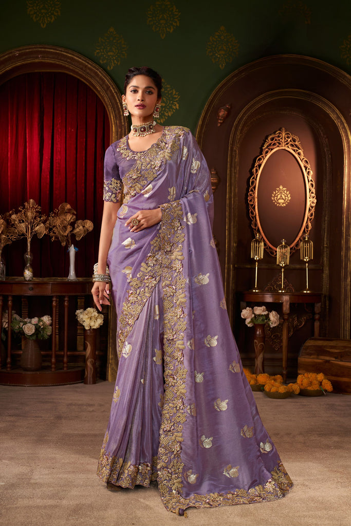 Royal Lavender Purple Embroidered Silk Saree Heavy Zari Border 