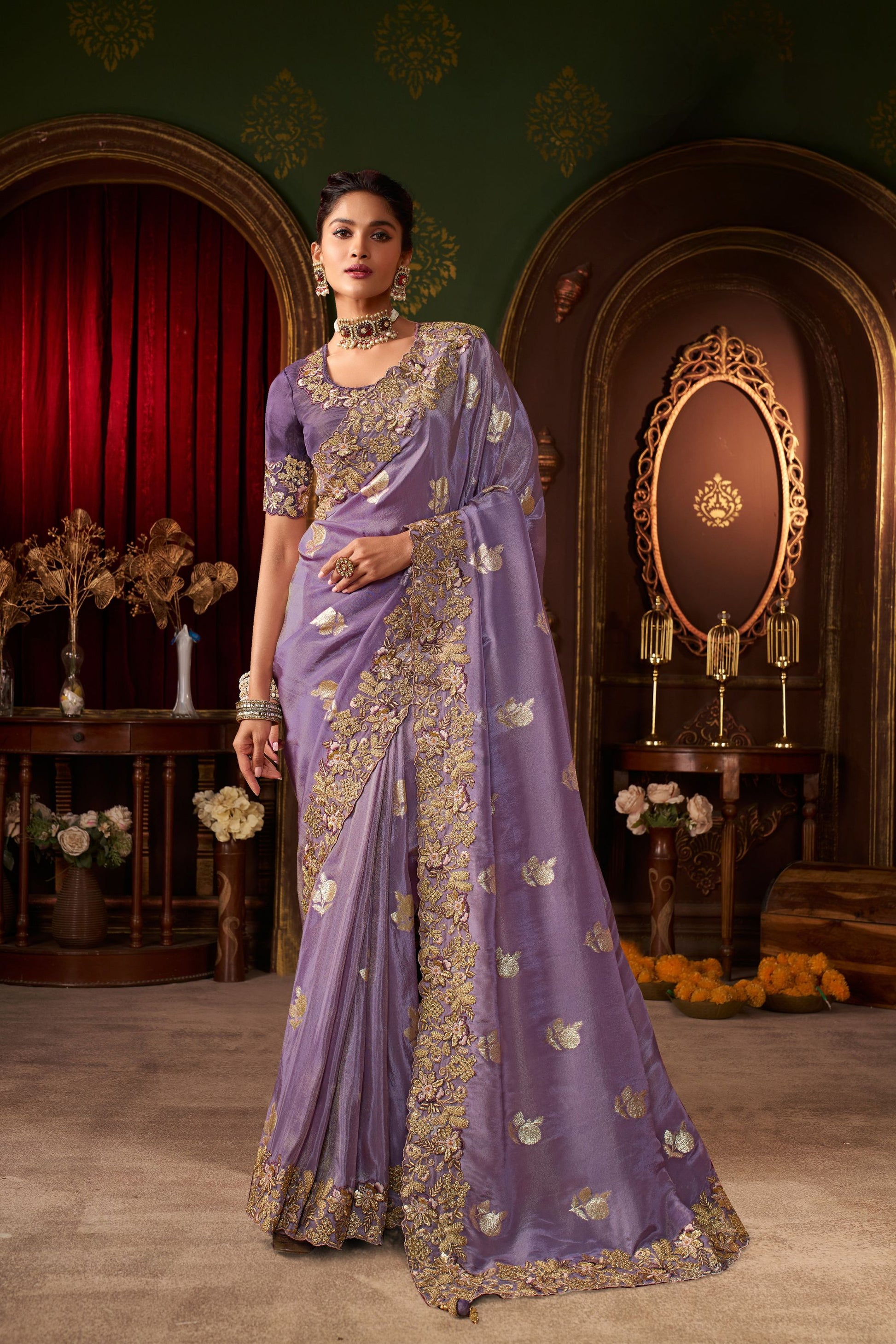 Royal Lavender Purple Embroidered Silk Saree Heavy Zari Border 