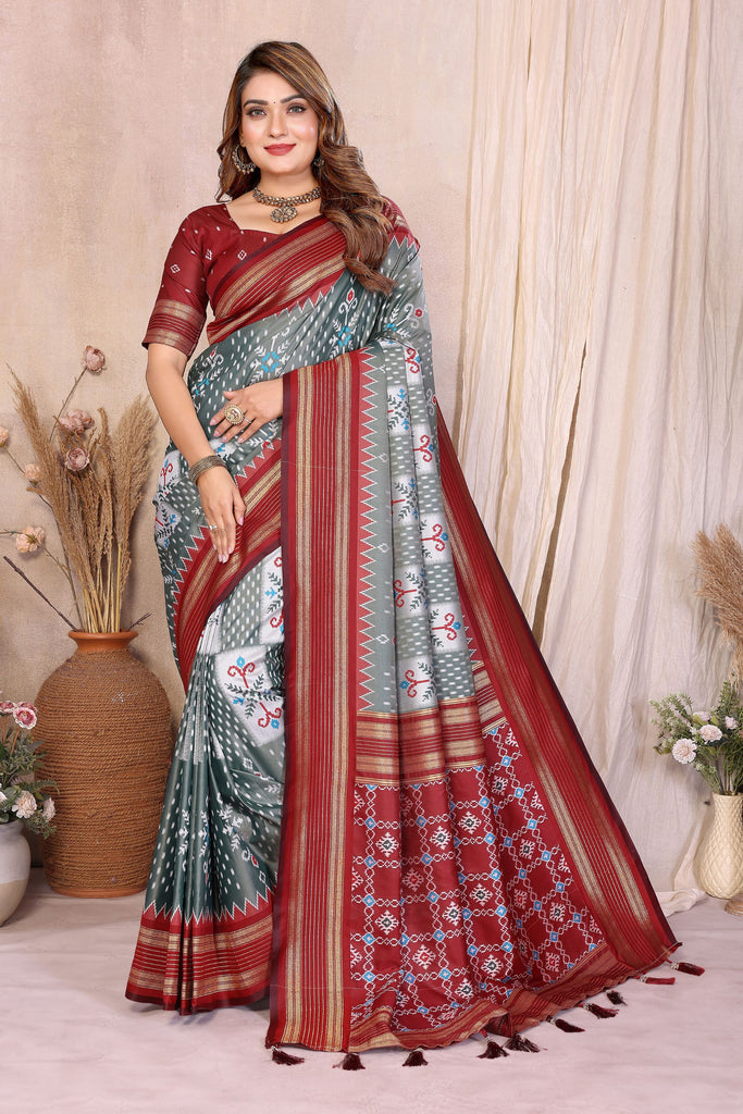 Grey And Maroon Ikat Silk Saree with Traditional Weaving Saree