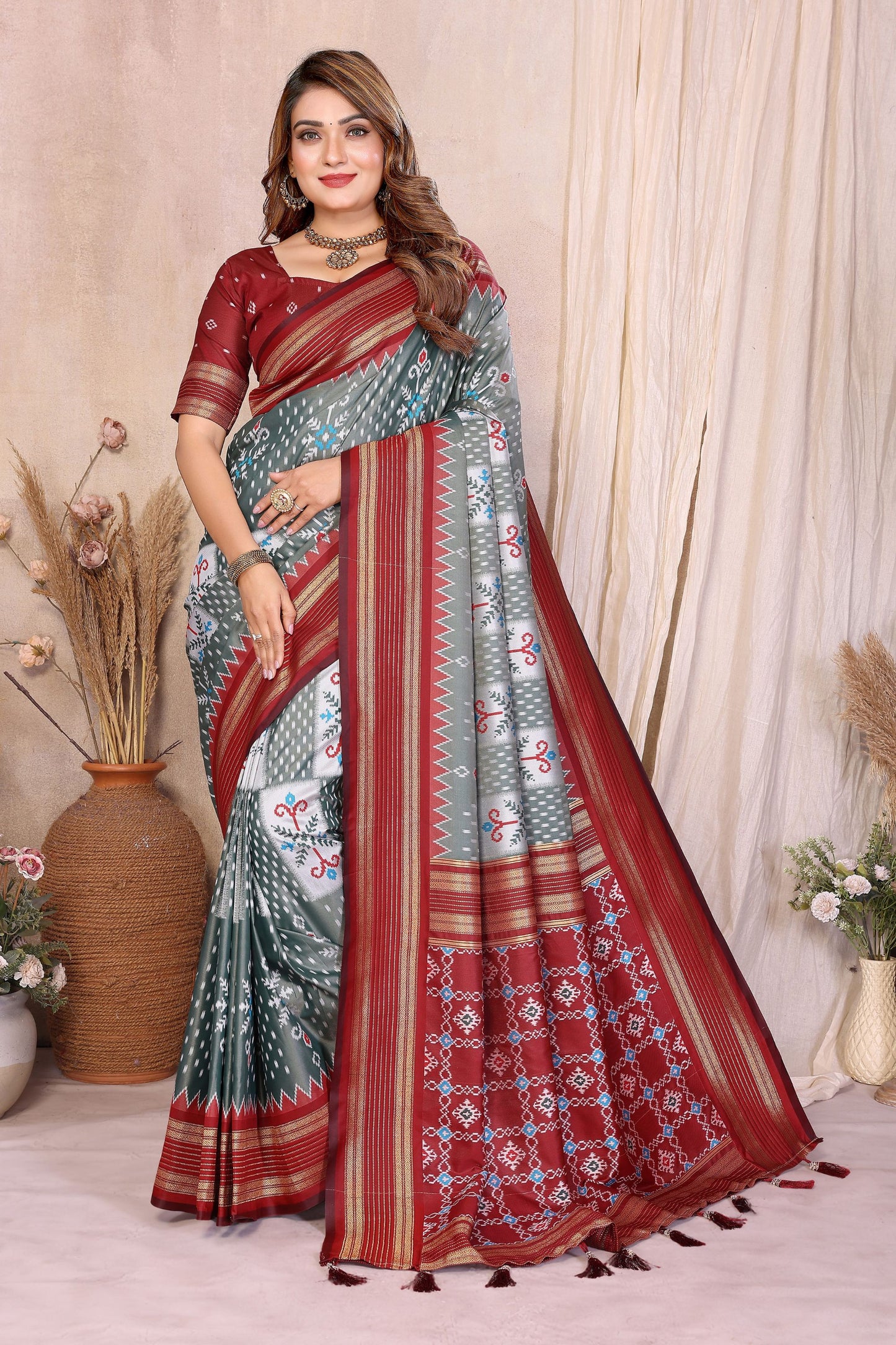Grey And Maroon Ikat Silk Saree with Traditional Weaving Saree