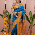 Royal Blue Silk Saree Mustard Gold Woven Border Traditional Design