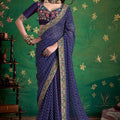 Navy Blue Bandhej Saree with Designer Blouse for Festive Wear
