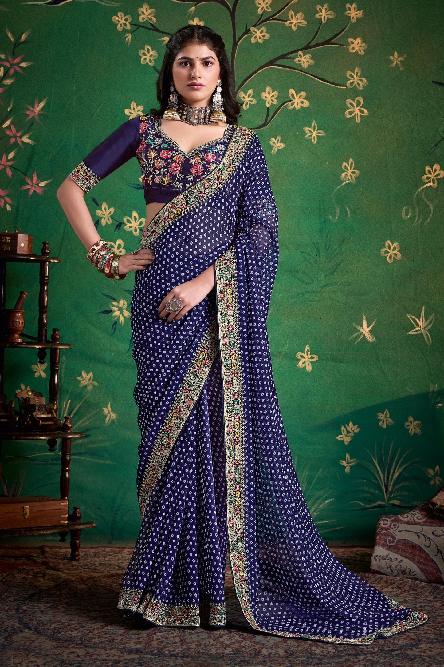 Navy Blue Bandhej Saree with Designer Blouse for Festive Wear