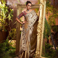  Golden Satin Silk Embroidered Saree Heavy Border Saree