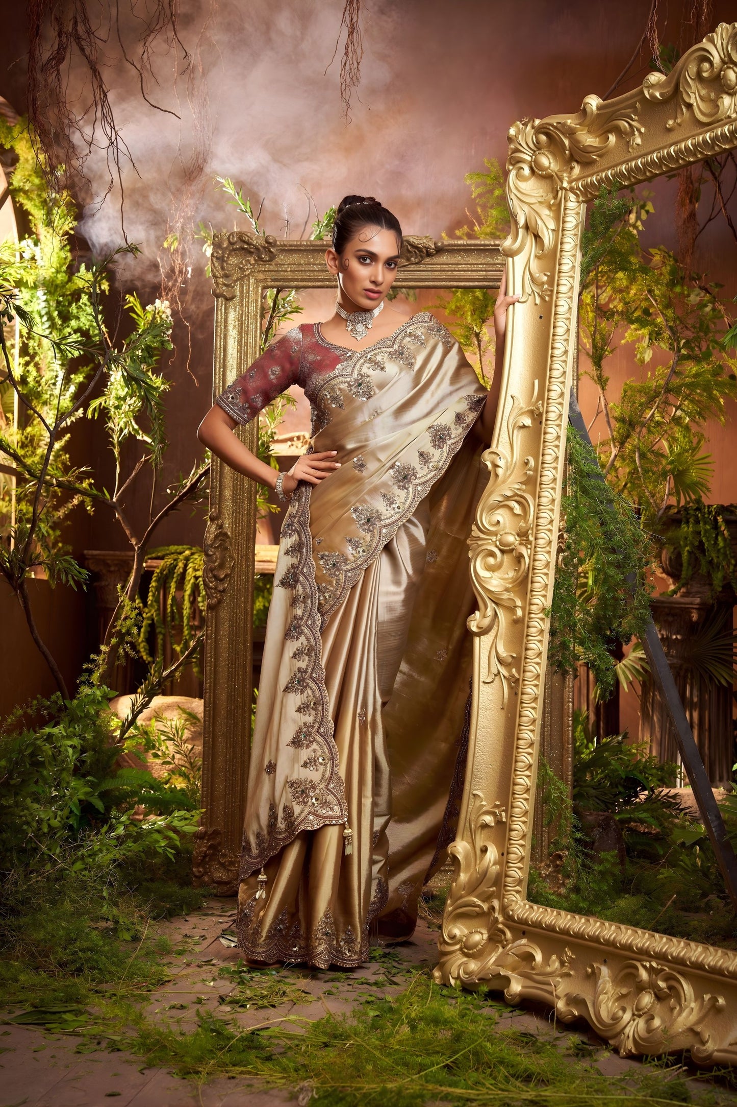  Golden Satin Silk Embroidered Saree Heavy Border Saree