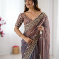 Elegant Mauve Grey Organza Silk Saree with Heavy Designer Blouse