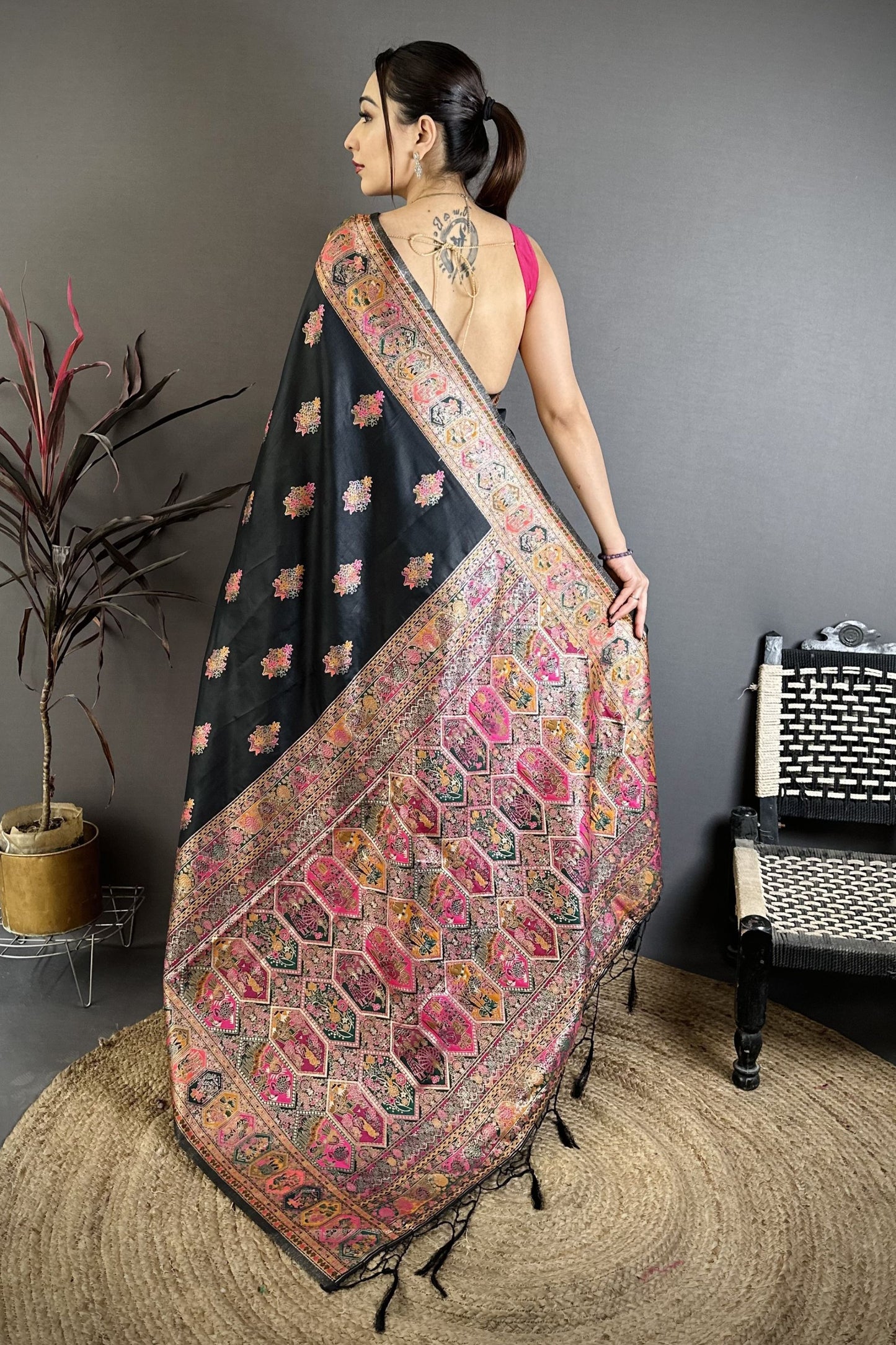 Black Soft Silk Traditional Saree Pink Gold Woven Border
