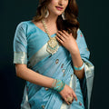 Sky Blue Soft Silk Saree with Floral Embroidery Gold Zari Border