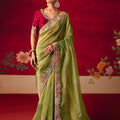 Light Yellow Floral Embroidered Silk Saree with Contrast Maroon Blouse 
