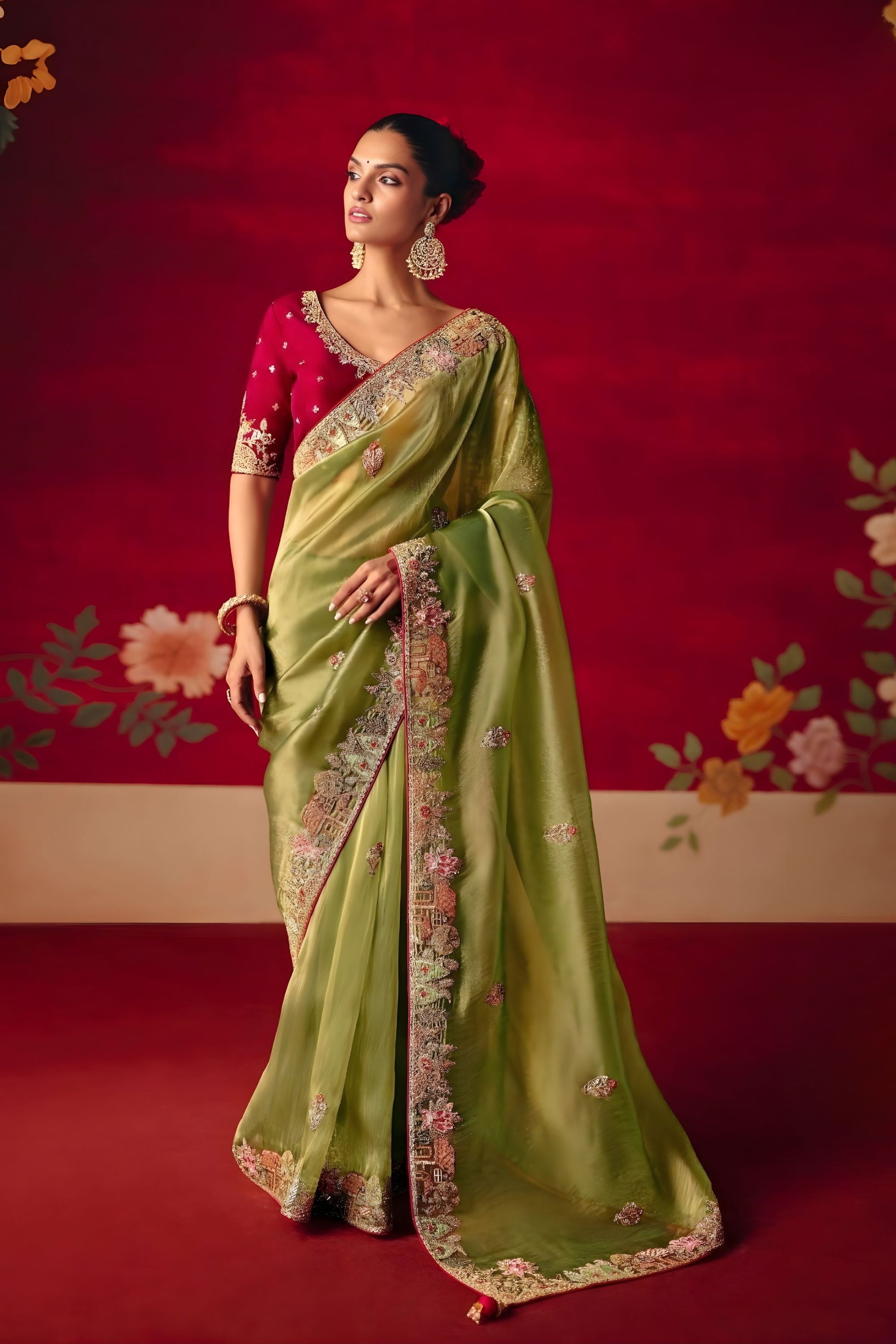 Light Yellow Floral Embroidered Silk Saree with Contrast Maroon Blouse 