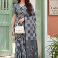 Charcoal Grey Checked Cotton Saree Woven Border and Designer Pallu