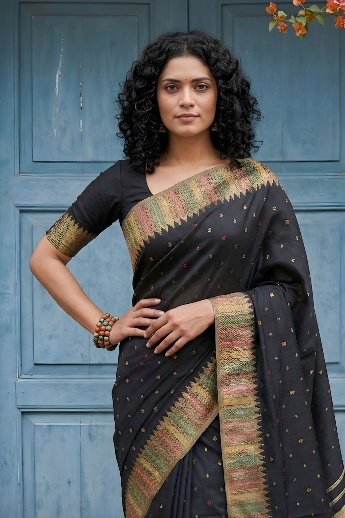Black Silk Saree with Golden Zari Border Traditional Buti Design