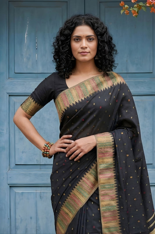 Black Silk Saree with Golden Zari Border Traditional Buti Design