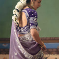 Lavender Organza Saree Heavy Silver Embroidery Border Designer Blouse