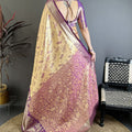 Golden Beige Purple Kanjivaram Silk Saree Traditional Banarasi Zari Wedding Saree