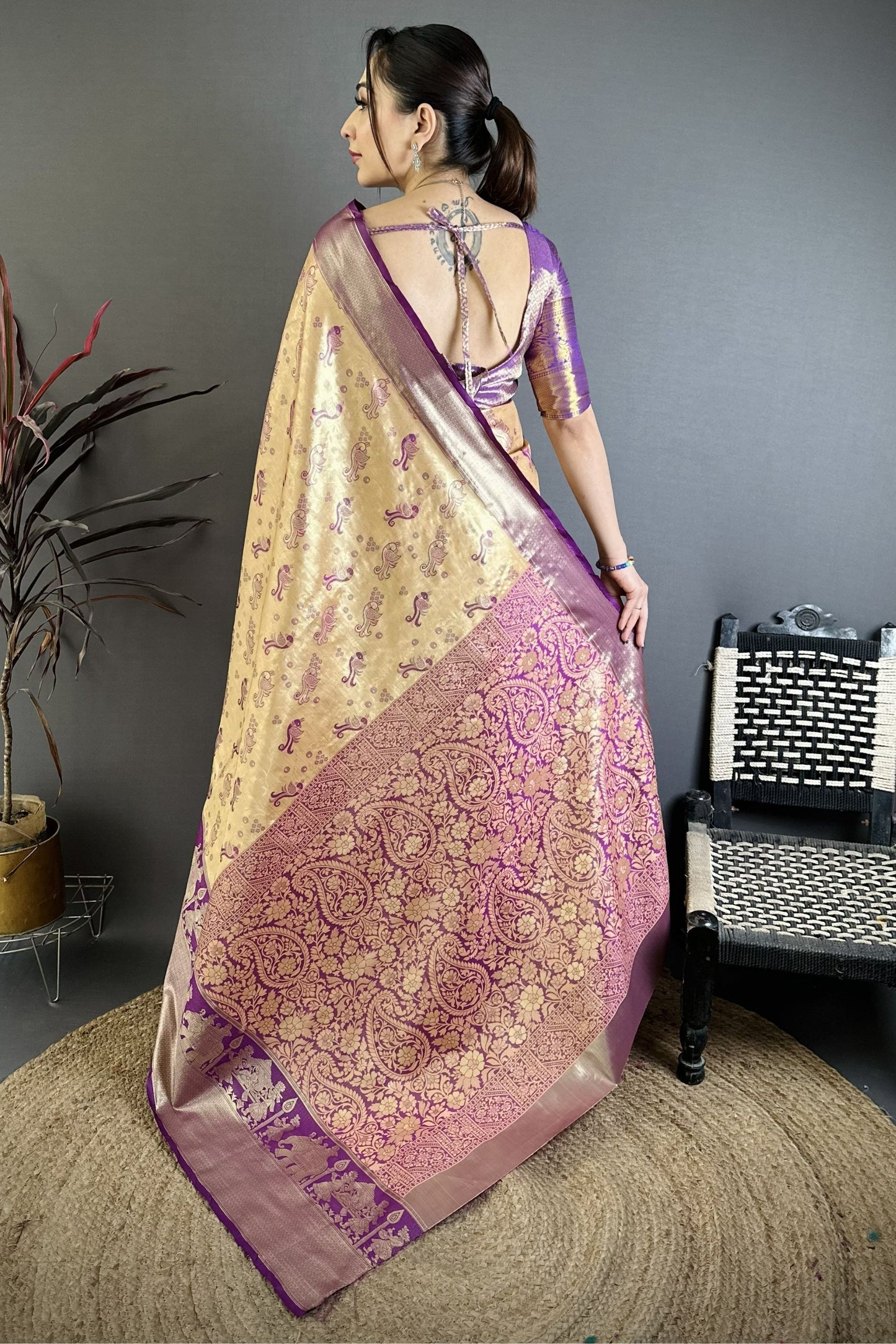 Golden Beige Purple Kanjivaram Silk Saree Traditional Banarasi Zari Wedding Saree