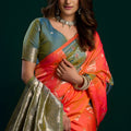 Coral Orange Soft Silk Saree with Green Contrast Border