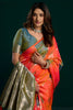 Coral Orange Soft Silk Saree with Green Contrast Border