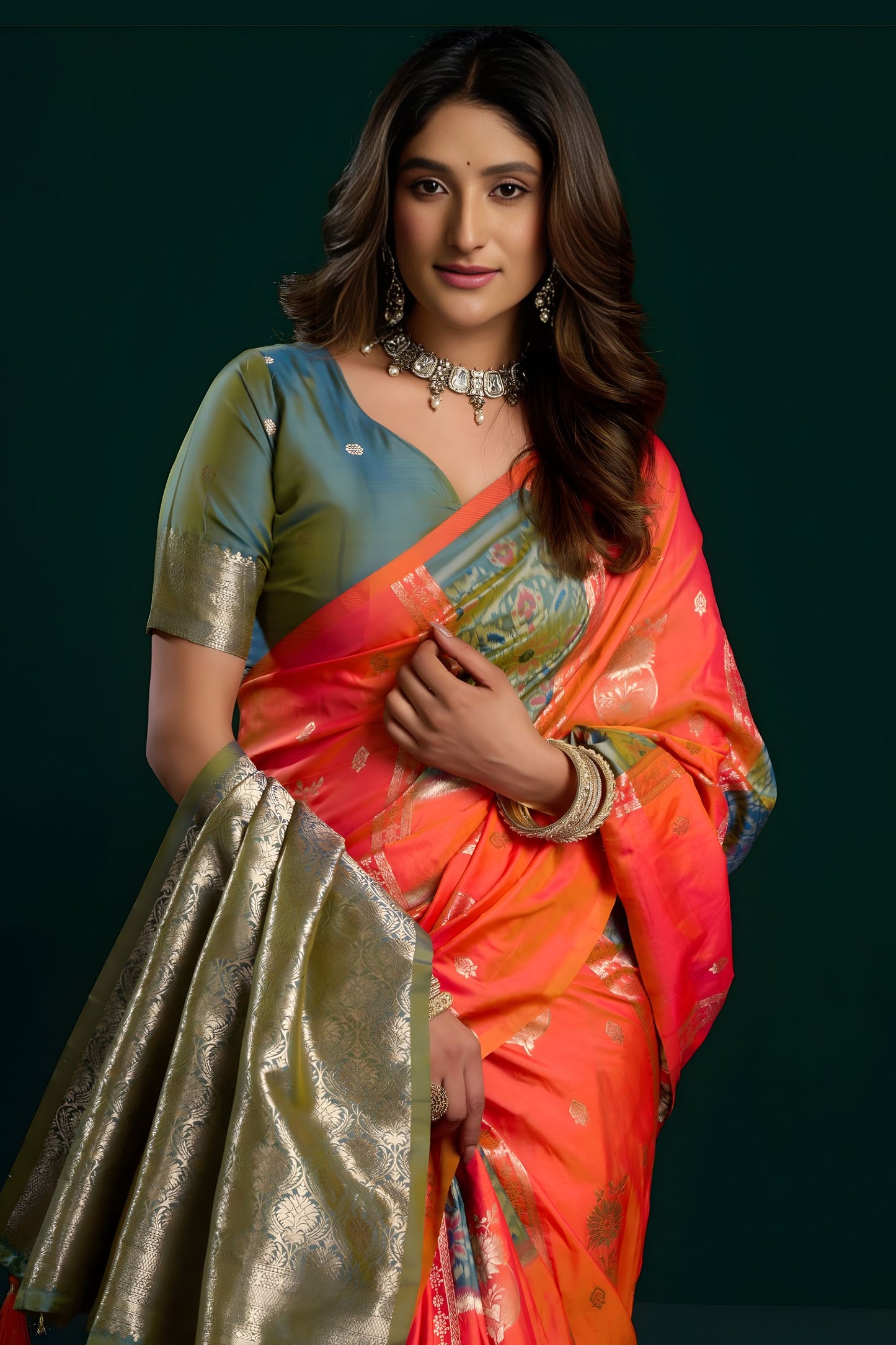 Coral Orange Soft Silk Saree with Green Contrast Border