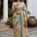 Beige Printed Linen Silk Saree with Multicolor Leaf Design