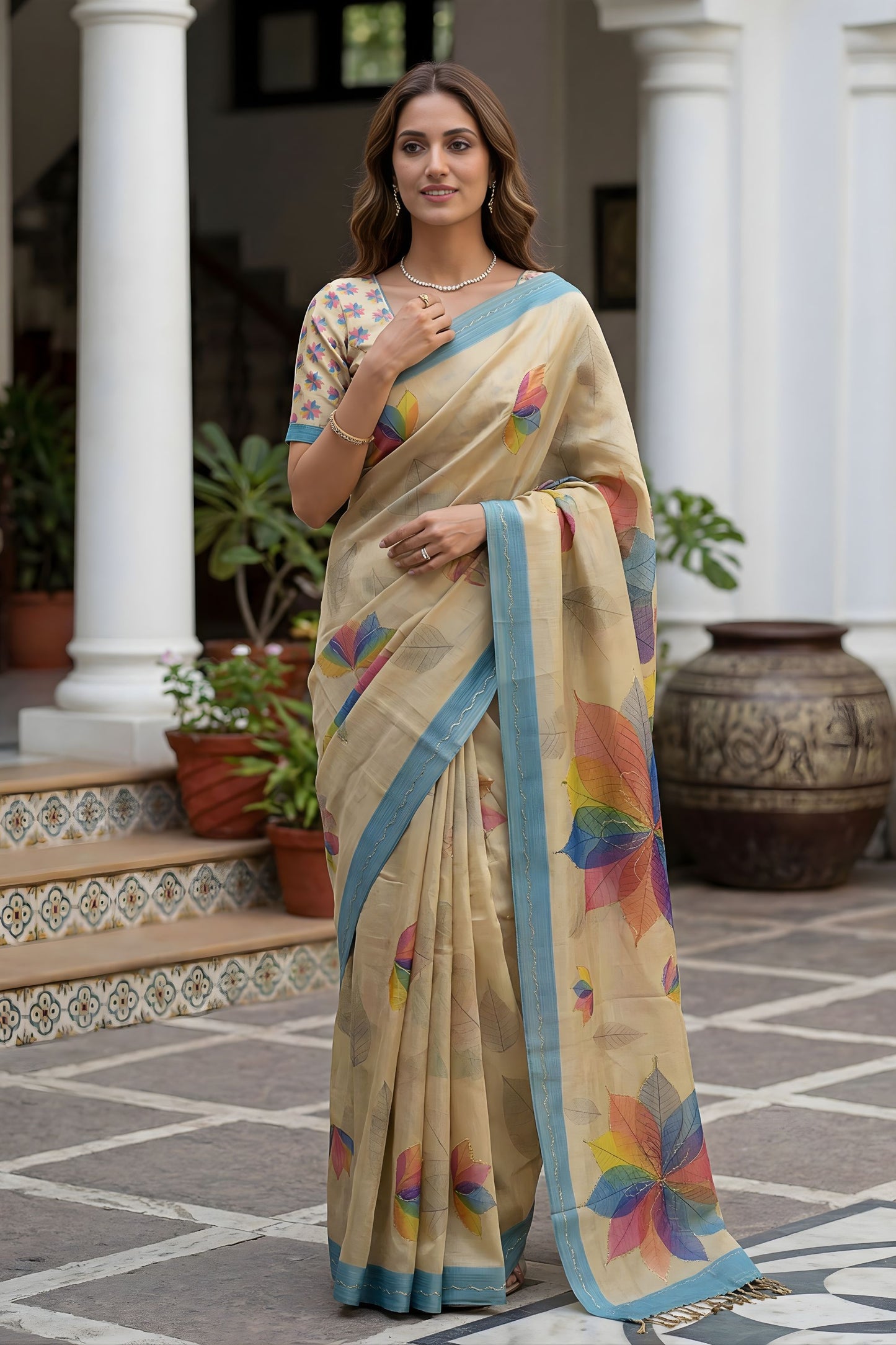 Beige Printed Linen Silk Saree with Multicolor Leaf Design