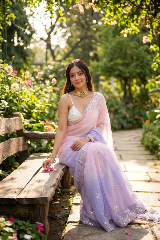 Peach Aqua Blue Ombre Designer festive Saree