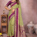 Olive Green Banarasi Silk Saree  Purple Zari Woven Border Rich Pallu 