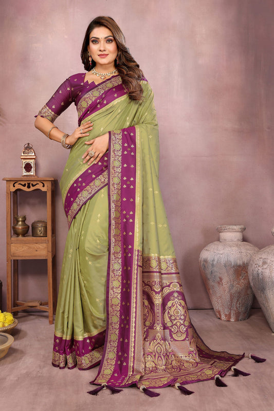 Olive Green Banarasi Silk Saree  Purple Zari Woven Border Rich Pallu 