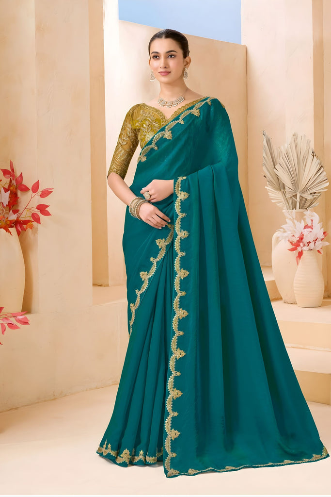 Teal Green Silk Saree Designer Embroidered Border Party Wear Saree