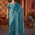 Teal Silk Saree with Zari Embroidery Butti Work Designer Blouse