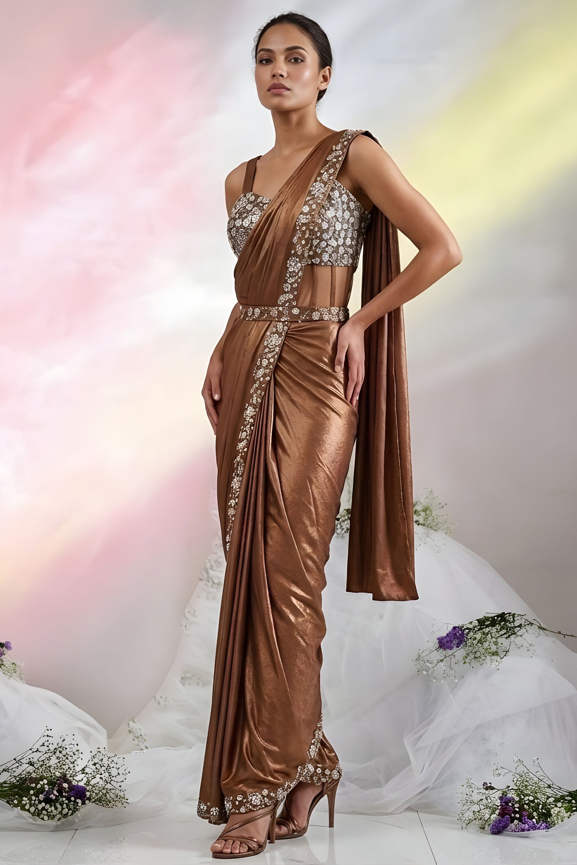 Copper Brown Ready to Wear Designer Saree Sequins Embroidered Blouse