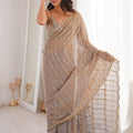 Luxury Taupe Grey Organza Saree with Zari Stripe Work Party Wear