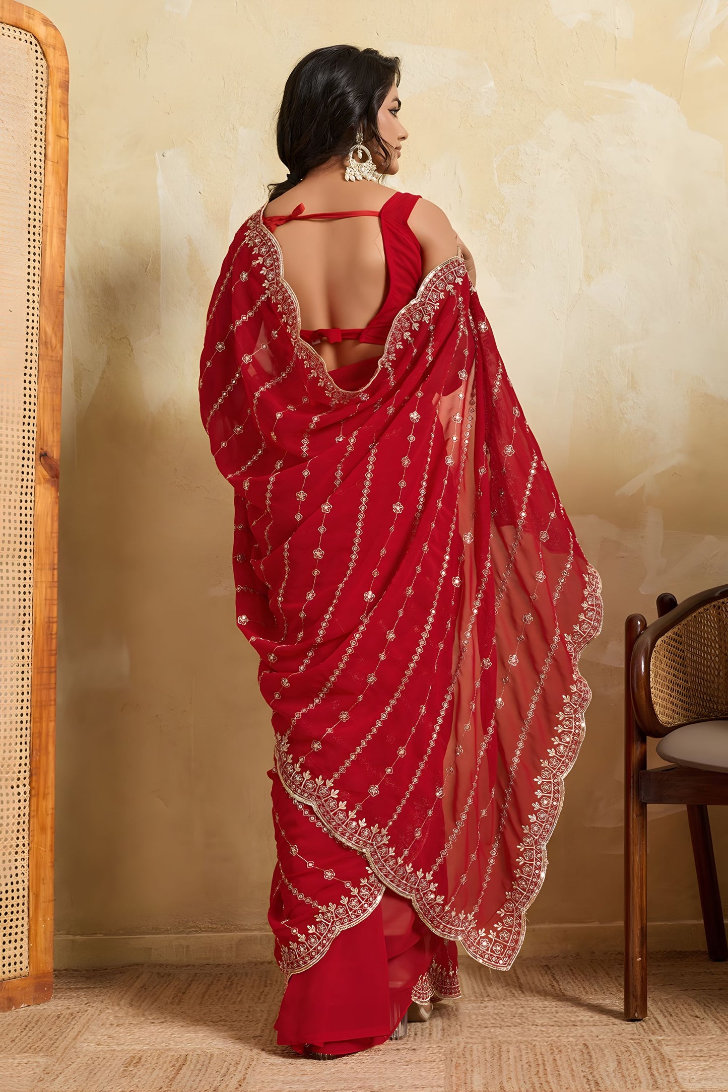 Red Designer Saree Heavy Embroidery Border Sequins Georgette Saree