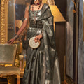 Luxury Grey Banarasi Silk Saree with Silver Zari Weaving Designer Border