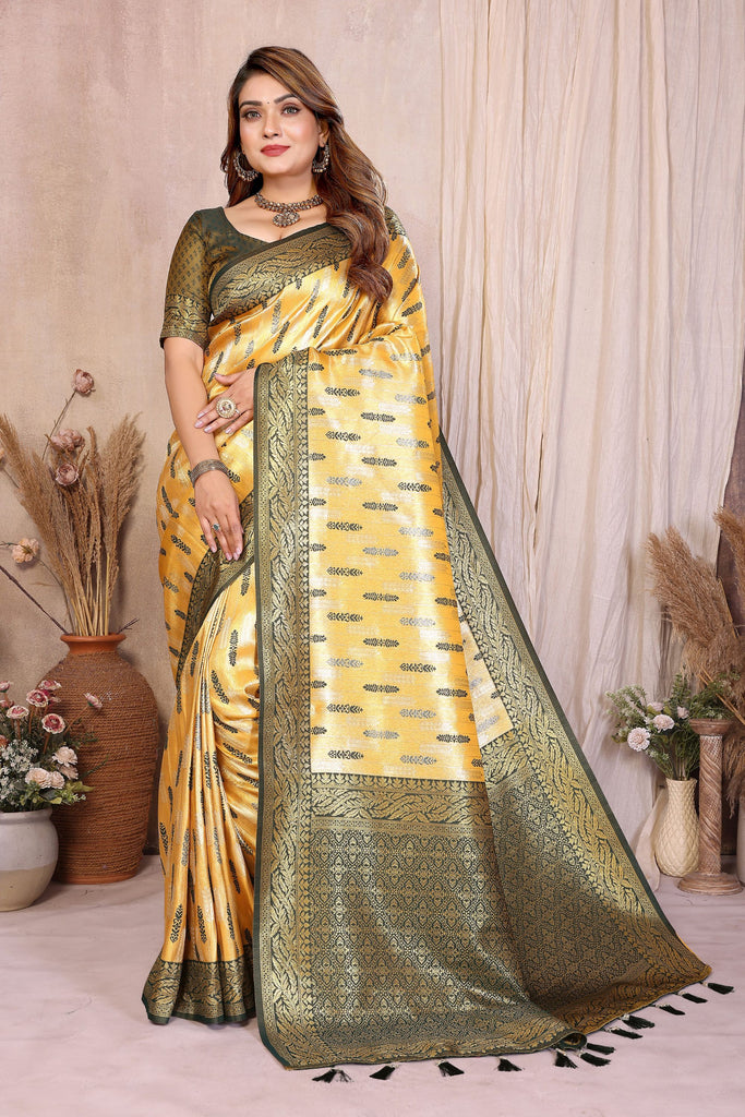  Mustard Yellow And Green with Rich Zari Banarasi Silk Saree Festive Wear