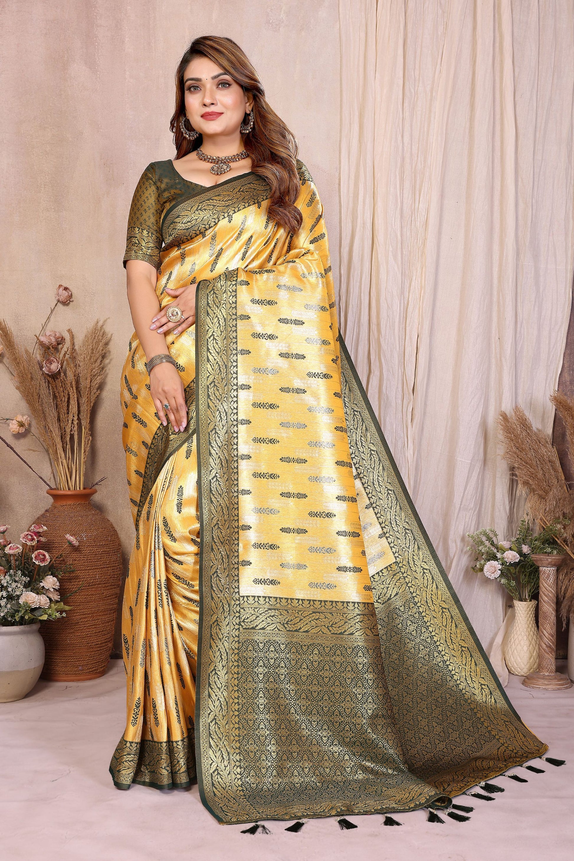  Mustard Yellow And Green with Rich Zari Banarasi Silk Saree Festive Wear