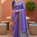Purple Silk Saree with Blue Contrast Border Zari Weaving Festive Wear